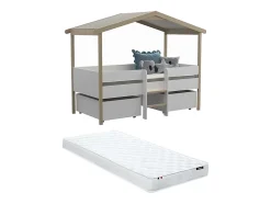Vente-unique Lit cabane SAROSI avec tiroirs - 90 x 190 cm - Tilleul - Blanc et chêne + matelas Hot