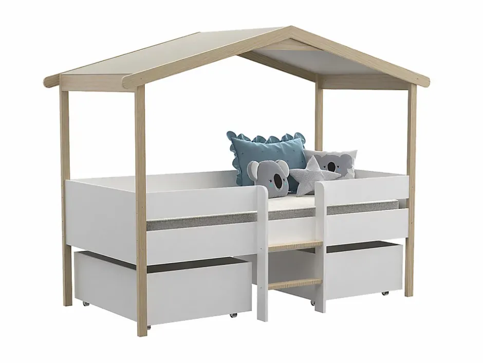 Vente-unique Lit cabane SAROSI avec tiroirs - 90 x 190 cm - Tilleul - Blanc et chêne + matelas Hot