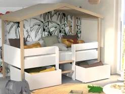Vente-unique Lit cabane SAROSI avec tiroirs - 90 x 190 cm - Tilleul - Blanc et chêne + matelas Hot