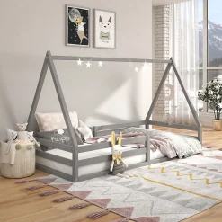 Enfant Idimex Lit cabane SILA 90 x 200 cm, en pin massif gris