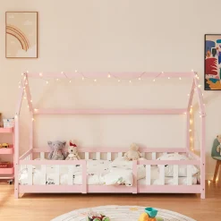 Enfant [En.Casa] Lit cabane Sisimiut avec matelas 90 x 200 cm rose / blanc en.casa