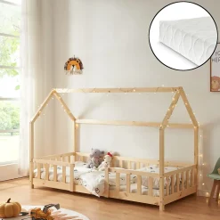 [En.Casa] Lit cabane Sisimiut avec matelas 90 x 200 cm naturel en.casa