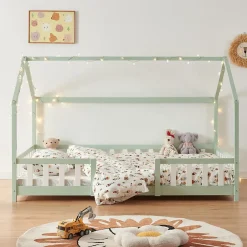 [En.Casa] Lit cabane Sisimiut avec matelas 140 x 200 cm vert menthe / blanc en.casa Clearance