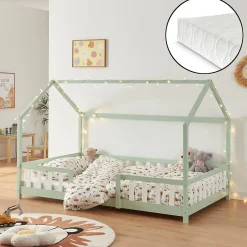 [En.Casa] Lit cabane Sisimiut avec matelas 140 x 200 cm vert menthe / blanc en.casa Clearance