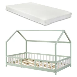 [En.Casa] Lit cabane Sisimiut avec matelas 120 x 200 cm vert menthe / blanc en.casa