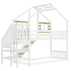 Simple Life Lit cabane superposé avec toboggan, escalier, fenêtres, garde-corps, bois massif, blanc