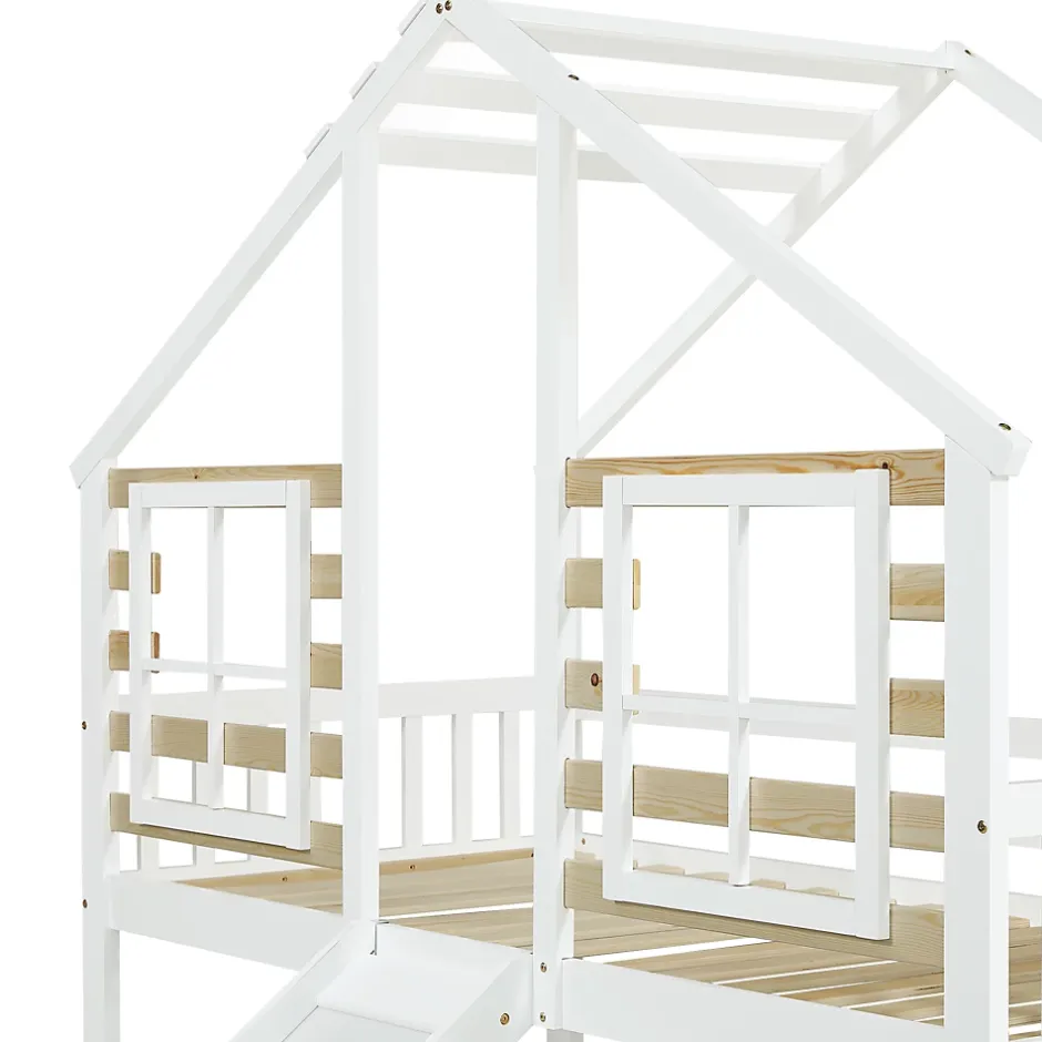 Simple Life Lit cabane superposé avec toboggan, escalier, fenêtres, garde-corps, bois massif, blanc