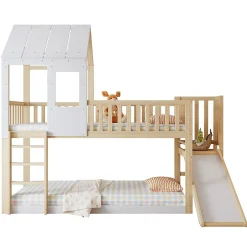 Enfant Blackcolors Lit Cabane Superposé 90x200cm Échelle Toboggan Naturel Blanc