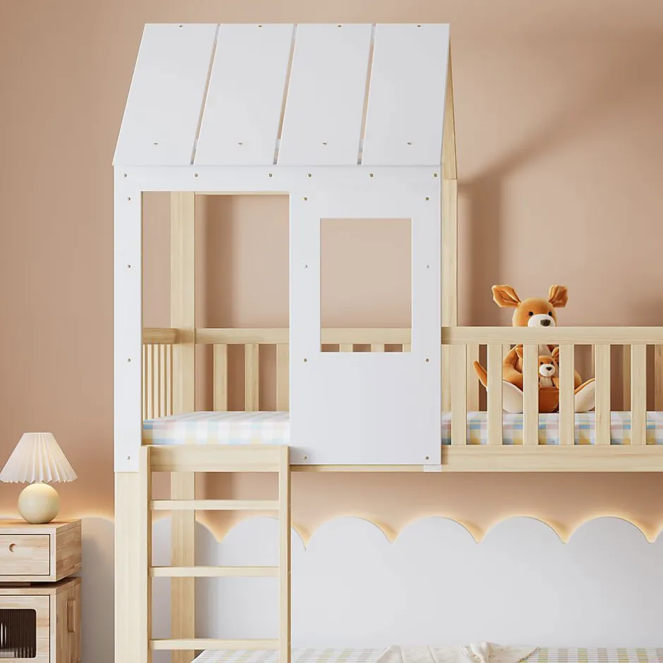 Enfant Blackcolors Lit Cabane Superposé 90x200cm Échelle Toboggan Naturel Blanc