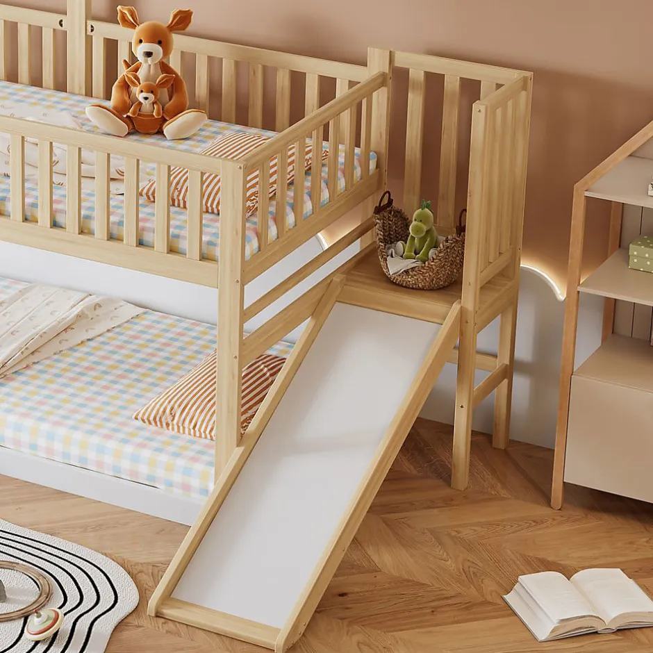 Enfant Blackcolors Lit Cabane Superposé 90x200cm Échelle Toboggan Naturel Blanc