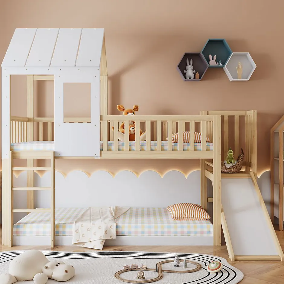 Enfant Blackcolors Lit Cabane Superposé 90x200cm Échelle Toboggan Naturel Blanc