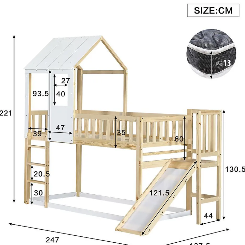Enfant Blackcolors Lit Cabane Superposé 90x200cm Échelle Toboggan Naturel Blanc