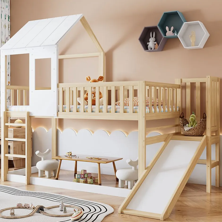 Enfant Blackcolors Lit Cabane Superposé 90x200cm Échelle Toboggan Naturel Blanc