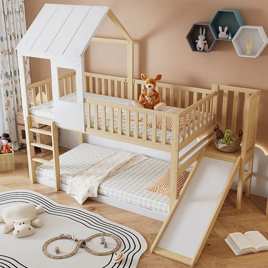 Enfant Blackcolors Lit Cabane Superposé 90x200cm Échelle Toboggan Naturel Blanc
