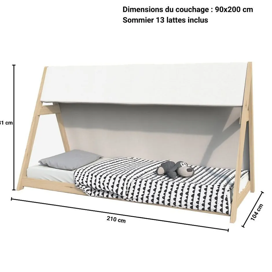 Weber Industries Lit cabane TIPI 90x200 + 1 toile + 1 sommier / Naturel New