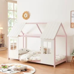 [En.Casa] Lit cabane Tostedt pour enfant forme maison bois de pin 90 x 200 cm rose blanc en.casa Online