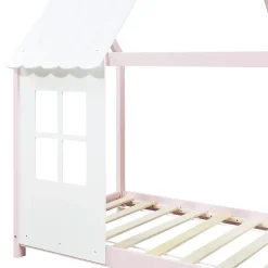 [En.Casa] Lit cabane Tostedt pour enfant forme maison bois de pin 90 x 200 cm rose blanc en.casa Online