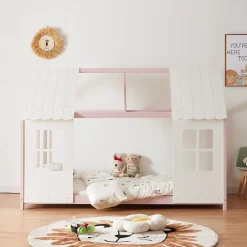[En.Casa] Lit cabane Tostedt pour enfant forme maison bois de pin 90 x 200 cm rose blanc en.casa Online