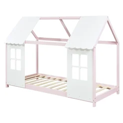 [En.Casa] Lit cabane Tostedt pour enfant forme maison bois de pin 90 x 200 cm rose blanc en.casa Online