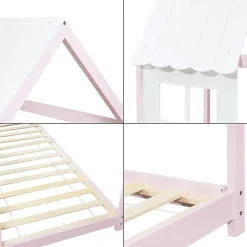 [En.Casa] Lit cabane Tostedt pour enfant forme maison bois de pin 90 x 200 cm rose blanc en.casa Online