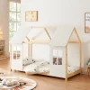 Enfant [En.Casa] Lit cabane Tostedt pour enfant forme maison bois de pin 90 x 200 cm naturel blanc en.casa