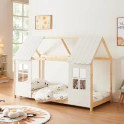 Enfant [En.Casa] Lit cabane Tostedt pour enfant forme maison bois de pin 90 x 200 cm naturel blanc en.casa