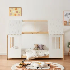 Enfant [En.Casa] Lit cabane Tostedt pour enfant forme maison bois de pin 90 x 200 cm naturel blanc en.casa