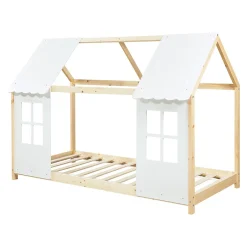 Enfant [En.Casa] Lit cabane Tostedt pour enfant forme maison bois de pin 90 x 200 cm naturel blanc en.casa