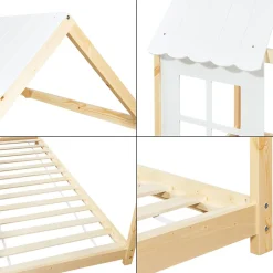 Enfant [En.Casa] Lit cabane Tostedt pour enfant forme maison bois de pin 90 x 200 cm naturel blanc en.casa