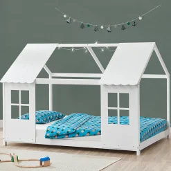 Enfant [En.Casa] Lit cabane Tostedt pour enfant forme maison bois de pin 140 x 200 cm blanc en.casa