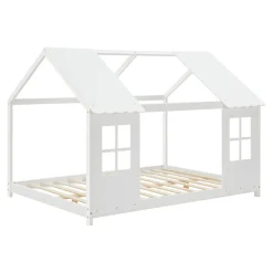 Enfant [En.Casa] Lit cabane Tostedt pour enfant forme maison bois de pin 140 x 200 cm blanc en.casa