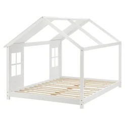 Enfant [En.Casa] Lit cabane Tostedt pour enfant forme maison bois de pin 140 x 200 cm blanc en.casa