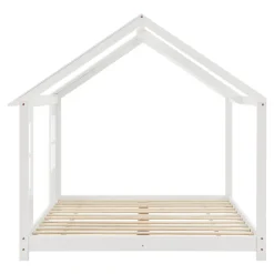 Enfant [En.Casa] Lit cabane Tostedt pour enfant forme maison bois de pin 140 x 200 cm blanc en.casa