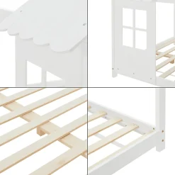 Enfant [En.Casa] Lit cabane Tostedt pour enfant forme maison bois de pin 140 x 200 cm blanc en.casa