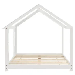 [En.Casa] Lit cabane Tostedt pour enfant forme maison bois de pin 120 x 200 cm blanc en.casa Discount