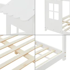[En.Casa] Lit cabane Tostedt pour enfant forme maison bois de pin 120 x 200 cm blanc en.casa Discount