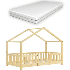 Enfant [En.Casa] Lit cabane Treviolo avec matelas à mousse froid 160 x 80 cm bois naturel en.casa