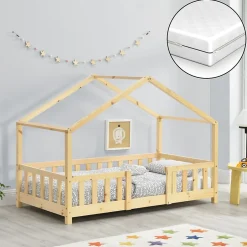Enfant [En.Casa] Lit cabane Treviolo avec matelas à mousse froid 160 x 80 cm bois naturel en.casa