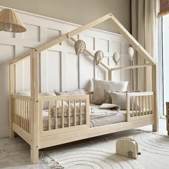 Enfant Petits-Meubles Lit cabane 90x200 barrières et sommier inclus pieds 10 cm Rosalie Bois