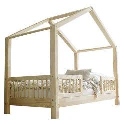 Enfant Petits-Meubles Lit cabane 90x200 barrières et sommier inclus pieds 10 cm Iris Bois