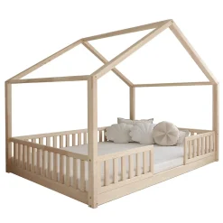 Enfant Petits-Meubles Lit cabane 140x200 barrières et sommier inclus pieds 1 cm Roxane Bois