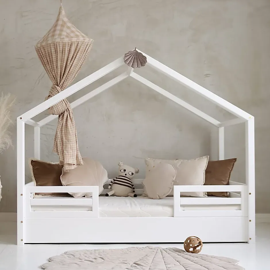 Petits-Meubles Lit cabane 90x200 barrières et sommier inclus pieds 1 cm Lucile Blanc Discount