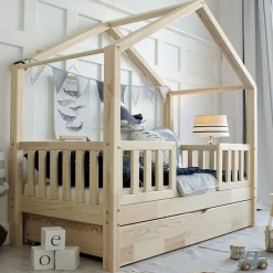 Petits-Meubles Lit cabane 90x190 barrières sommier et tiroir inclus Roxane Bois Sale