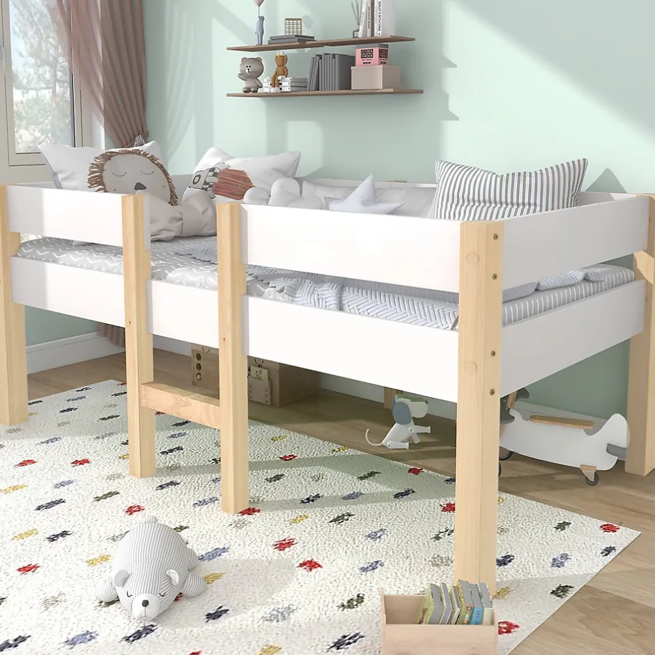 Enfant Okwish Lit cabane 90x190 cm - Lit enfant mi-hauteur avec protection antichute - Bois massif - Sans Matelas - Blanc