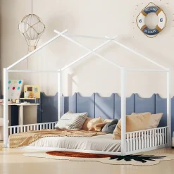 Okwish Lit Cabane 140x200 cm - Lit enfant avec Sommier à Lattes - Métal - Sans Matelas - Blanc