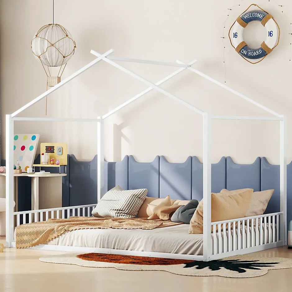 Okwish Lit Cabane 140x200 cm - Lit enfant avec Sommier à Lattes - Métal - Sans Matelas - Blanc