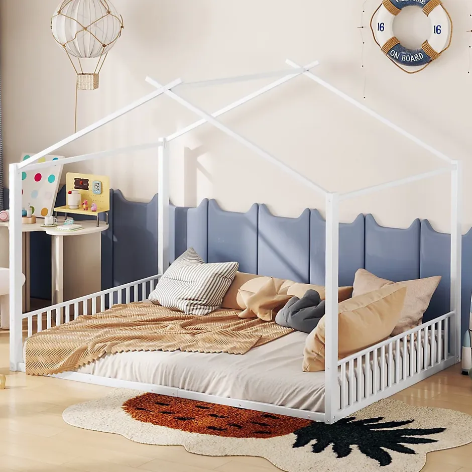 Okwish Lit Cabane 140x200 cm - Lit enfant avec Sommier à Lattes - Métal - Sans Matelas - Blanc