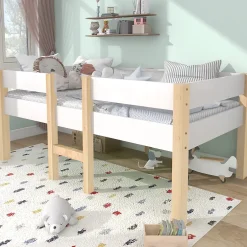 Okwish Lit cabane 90x200 cm - Lit enfant mi-hauteur avec protection antichute - Bois massif - Sans Matelas - Blanc Best