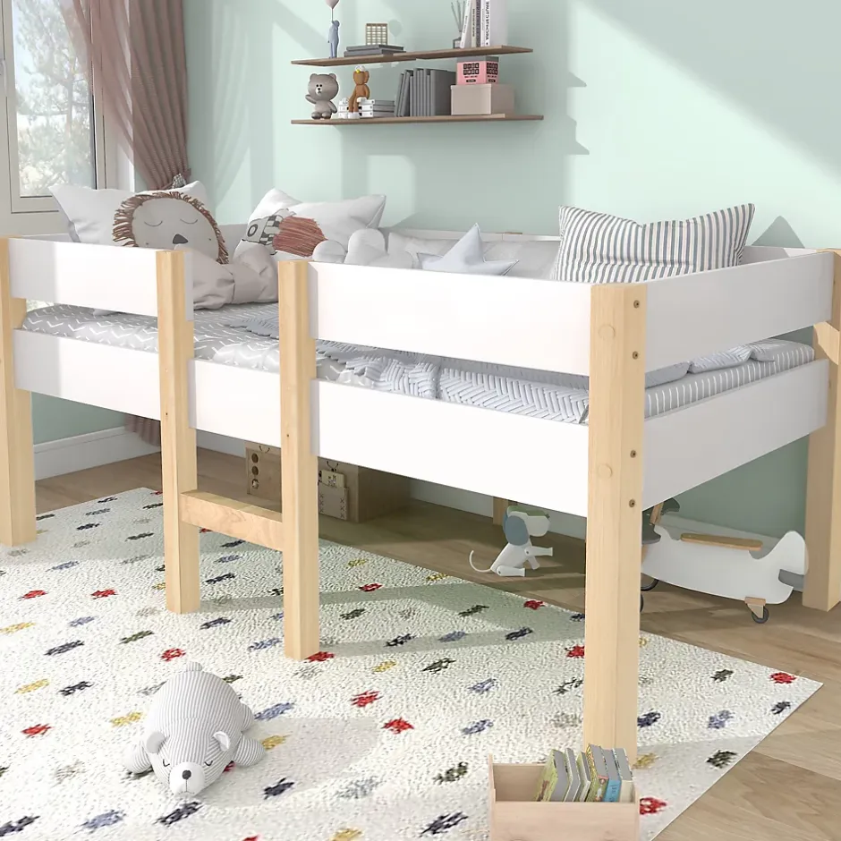 Okwish Lit cabane 90x200 cm - Lit enfant mi-hauteur avec protection antichute - Bois massif - Sans Matelas - Blanc Best