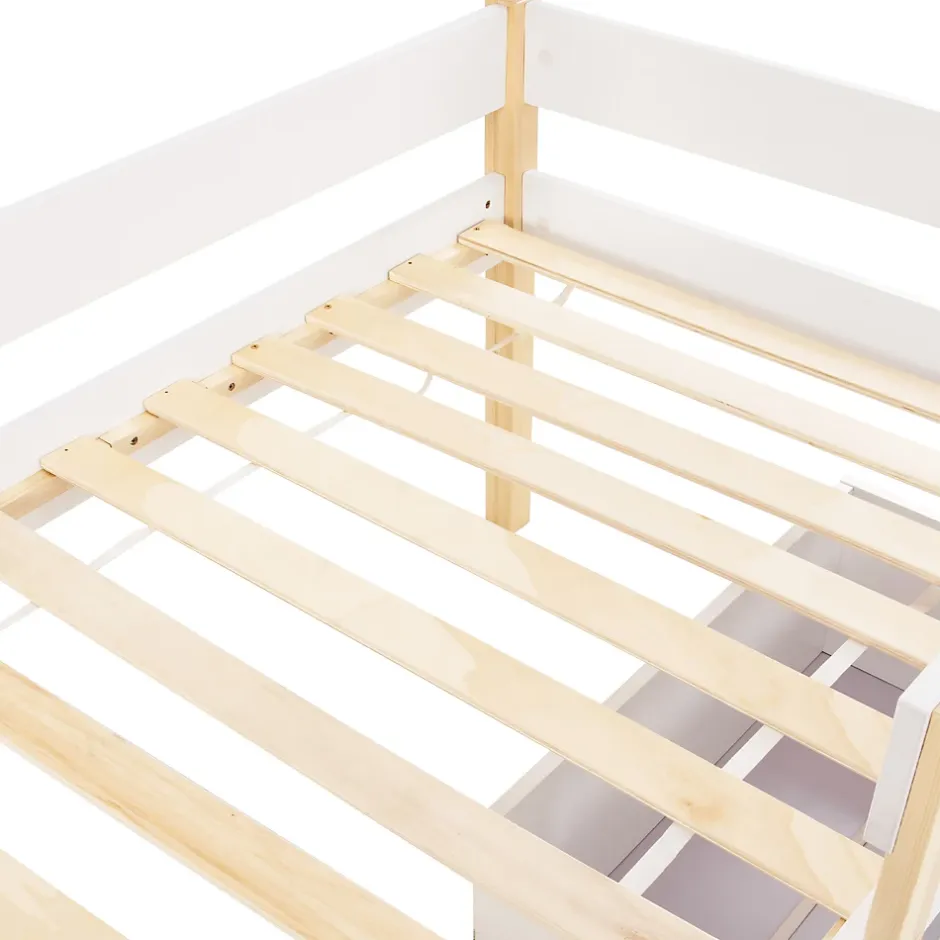 Okwish Lit cabane 90x190 cm - Lit mi-hauteur avec protection antichute et 2 tiroirs - Bois massif - Sans Matelas - Blanc Best